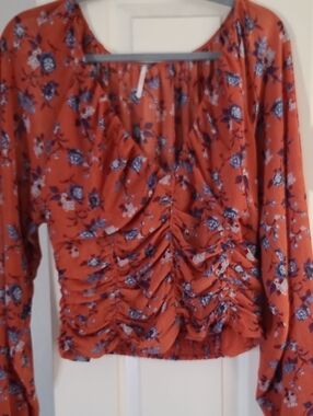 Free People Rust-Orange Floral Ruched V-Neck Blouse